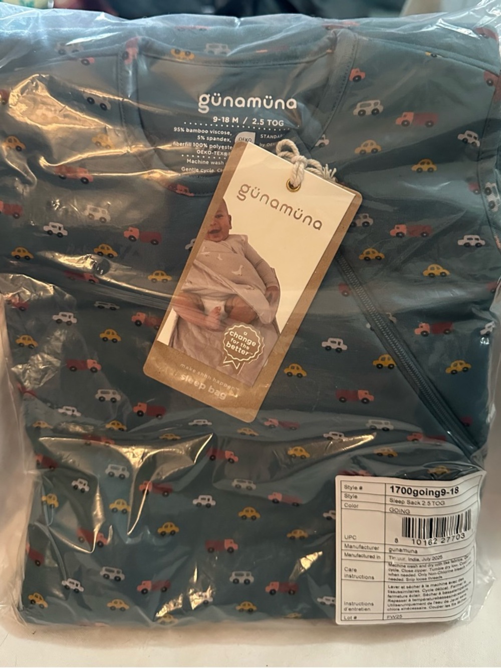 Gunamuna Bamboo Sleep Sack 9-18M 2.5 TOG Car Print Wearable Blanket Baby NWT